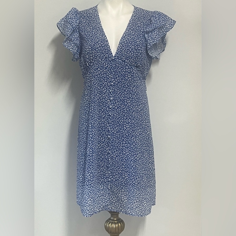 Majolica Blue Patterned V-Neck Dress Size M